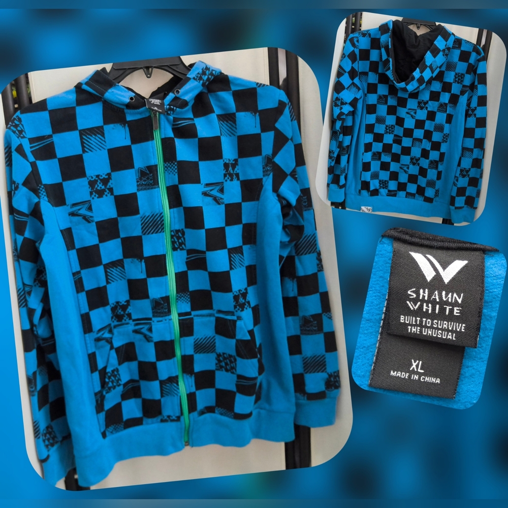 Shaun White Kids Blue and Black Checkered Hoodie Zip-up Size XL